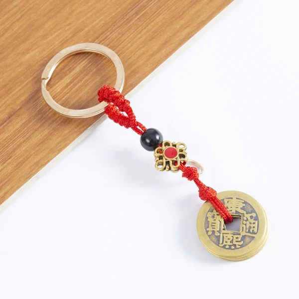Feng Shui Lucky Cat Five Emperor Coins Keychain