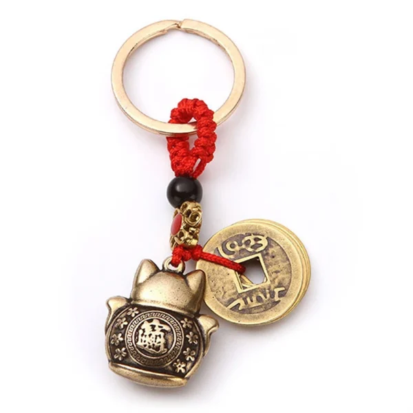 Feng Shui Lucky Cat Five Emperor Coins Keychain
