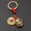 Feng Shui Lucky Cat Five Emperor Coins Keychain
