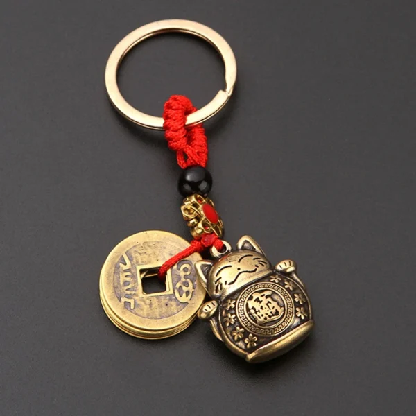 Feng Shui Lucky Cat Five Emperor Coins Keychain
