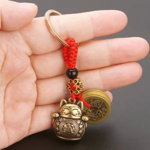Feng Shui Lucky Cat Five Emperor Coins Keychain