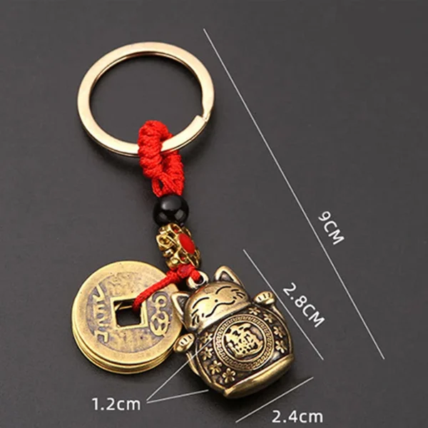 Feng Shui Lucky Cat Five Emperor Coins Keychain
