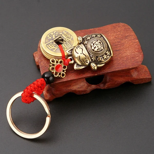 Feng Shui Lucky Cat Five Emperor Coins Keychain
